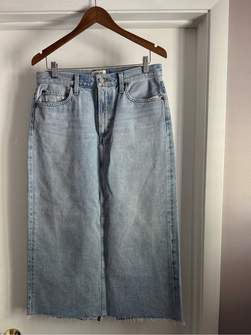 Agolde Light Blue Denim Midi Skirt - Raw Hem